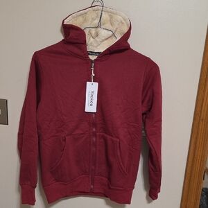 Yeokou Men's Maroon Hooded Zip-Up Jacket with Sherpa Lining